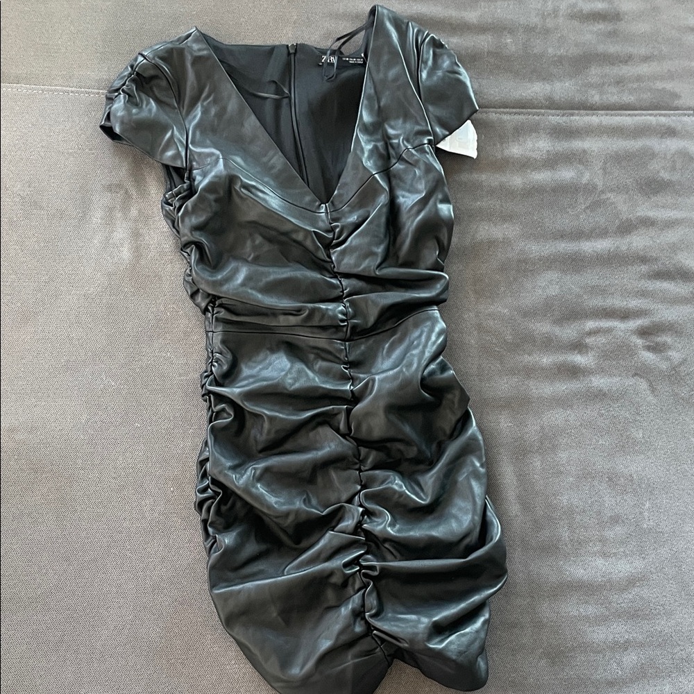 Zara Leather Black Ruched Dress